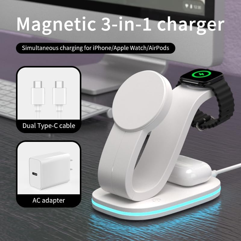 Ultimate 3-in-1 Qi2 Wireless Charging Station with 30 W USB-C Fast Adapter – Sleek Mag-Safe Charger Stand for i Phone 16, 15, 14 Pro Max, Apple Watch Series 10, 9 & Air Pods 4, 3 Pro – Enhanced Efficiency & Safety Features for Multi-Device Charging Convenience Experience unparalleled charging efficiency with our state-of-the-art 3-in-1 Wireless Charging Station, specifically crafted for Qi2-compatible devices. This advanced Mag-Safe charger stand delivers an impressive 15 W fast charge for your i Phone, 2.5 W for your Apple Watch, and 3 W for your Air Pods, ensuring a swift power-up for all your essentials. Engineered with a 30 W USB-C adapter, our charging station guarantees safety and stability, featuring intelligent current balancing and multi-level protection mechanisms against overheating and overcharging. The sleek design includes an adjustable LED nightlight, providing a soothing ambiance while conserving space on your nightstand or desk. With precise magnetic alignment for effortless device placement, enjoy a hassle-free charging experience while keeping your devices secure. Perfect for modern lifestyles, this charging solution combines functionality and aesthetics seamlessly. Elevate your charging routine with this indispensable accessory!