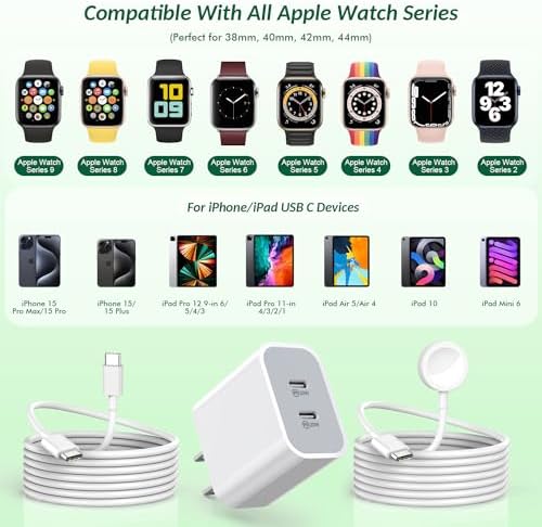 Ultimate 6.6 FT Wireless Fast Charging Cable for Apple Watch – Portable Charger with USB Wall Plug Adapter, Compatible with All Series Including 9/8/7/SE/6/5/4/3/2/1 – Enhanced Charging Speed and Flexibility for On-the-Go Power Solutions