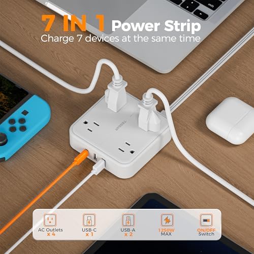 TESSAN 5 FT Flat Extension Cord Surge Protector – 4 Outlet Power Strip with 3 USB C Ports (1 USB C) for Fast Charging, 900 Joules Electronics Protection, Space-Saving Design for Home, Office, and Dorm Use, Enhanced Compatibility and Efficiency