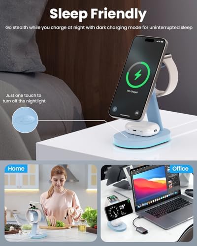 Ultimate 3-in-1 Wireless Charging Station for i Phone, Apple Watch, and Air Pods – Qi2 Certified 15 W Magnetic Charger with 30 W USB-C Adapter & Integrated Night Light – Streamlined Design for i Phone 16/15/14/13/12 – Superior Speed and Enhanced Compatibility for Modern Tech Users