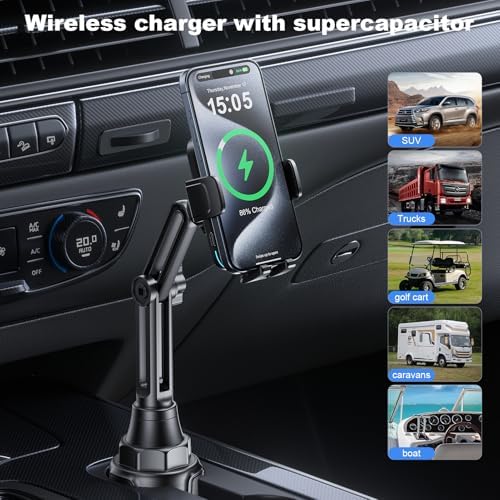 Revolutionary Wireless Car Charger with Auto-Clamping Cup Holder – 15 W Rapid Charging for i Phone 16/15/14/13/12/11 Pro Max and Samsung Galaxy S24 Ultra/S23/S22/S21/S20 – Dual PD & QC3.0 Ports for Enhanced Device Compatibility and Driving Convenience