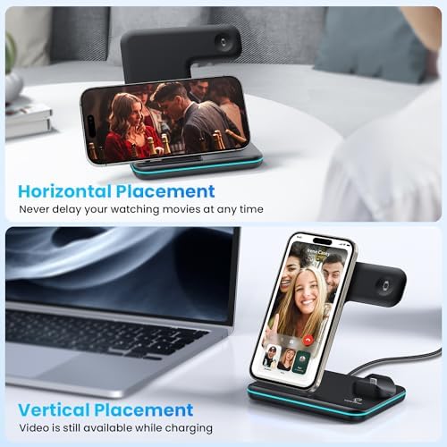 WAITIEE 3-in-1 Wireless Charging Station for i Phone, Apple Watch & Air Pods – Fast, Stylish Blue Charger with Enhanced Compatibility for i Phone 16, 15, 14, 13, 12, 11, X, 8 & Air Pods Pro – Ultimate Travel-Friendly Charging Solution with Safety Features