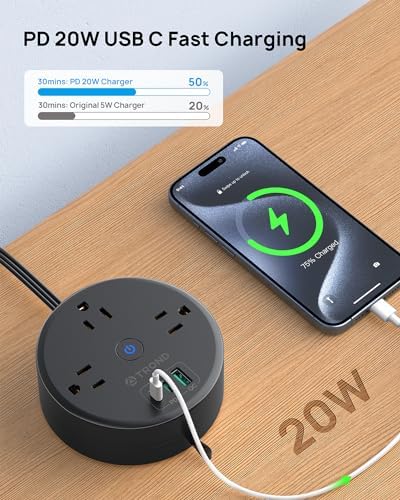 Compact TROND 20 W USB-C Travel Power Strip – Retractable 5 ft Extension Cord with 3 AC Outlets for Fast Charging, Perfect Cruise Ship Essential, Ultra-Thin Flat Plug for Home & Dorm Use – Stay Organized & Connected Anywhere