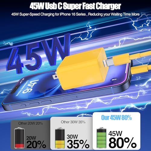 45 W USB-C Fast Charger Bundle for i Phone 16/16 Pro Max & 15/15 Pro Max – 2-Pack 10 FT Type C Cables, PD 3.0 Power Delivery Adaptor for i Pad Pro, Mac Book Air/Pro M1/M2, Air Pods – Stylish Purple Design with Enhanced Charging Speed and Compatibility