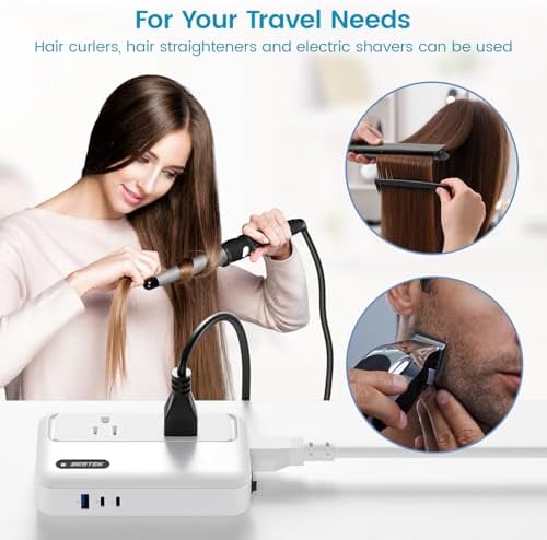 Global Voltage Converter and Travel Adapter – BESTEK 220 V to 110 V Power Transformer with Dual AC Outlets & 3 USB Ports (2 USB-C) – Essential for International Travel, Rapid Charging for Hair Tools & Electronics – Compact Design for Worldwide Compatibility