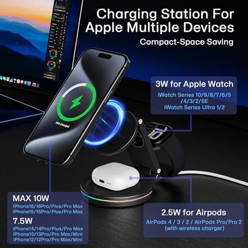 Revolutionary 3-in-1 Wireless Charger Hub for i Phone, Apple Watch & Air Pods – 10 W Fast Charging, 360-Degree Rotating Zinc Alloy Design, Foldable & Magnetic for Ultimate Convenience and Compatibility with i Phone 12-16 Series