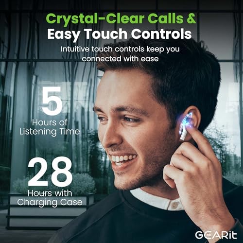 GEARit Ultimate True Wireless Bluetooth Earbuds – Premium Ergonomic In-Ear Headphones with Advanced Noise-Canceling Mic and Sleek RGB Charging Case – Perfect for Active Lifestyles, Business Calls, and Daily Use – Water-Resistant Design Optimized for i Phone & Android – Immerse Yourself in Superior Sound Quality with Cutting-Edge Bluetooth 5.3 Connectivity