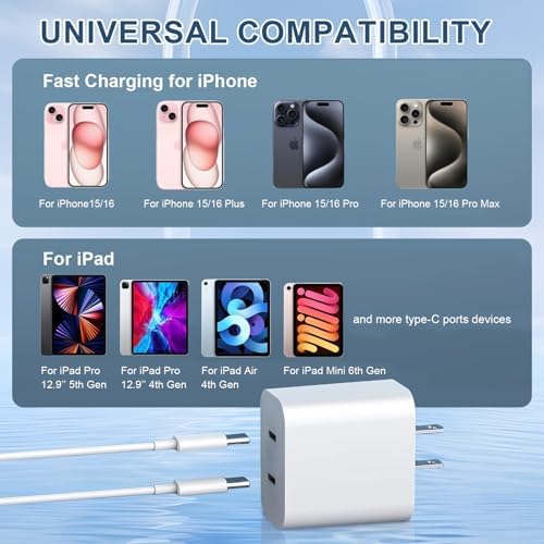 Experience Rapid Charging with the 40 W Dual Port USB-C Wall Charger for i Phone 16 Series – Includes 6 FT USB-C to C Cable for Ultimate Flexibility – Charge Two Devices at Once with Cutting-Edge Safety Features – Ideal for Home, Office, and Travel – Fully Compatible with i Phone 16, 15, 15 Plus, 15 Pro, and 15 Pro Max – Optimize Your Power Needs with Superior Efficiency and Convenience!
