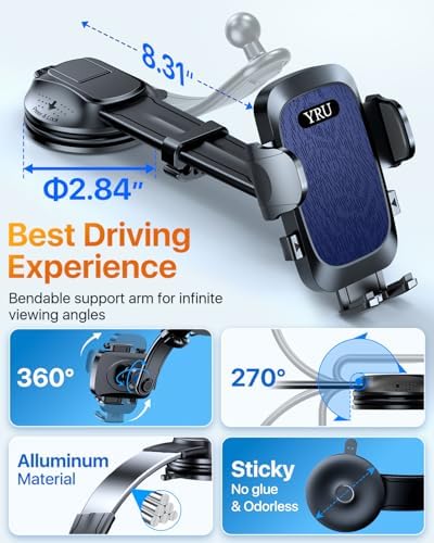 YRU 2025 Premium Adjustable Car Phone Holder Mount – Versatile Bendable Aluminum Arm for Secure Dashboard & Windshield Positioning – Universal Compatibility for i Phone 16, 15, 14, 13 Pro Max, Samsung & More – Sleek Black Design for Modern Vehicles – Effortless Tool-Free Installation – Enhance Navigation & Hands-Free Calling Experience