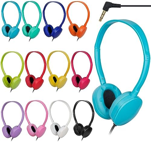 Colorful Classroom Headphones Bulk 12 Pack – Lightweight, Durable Earbuds with Volume Limiting for Safe Listening, Ideal for Students and Group Activities, Compatible with Tablets and Computers for Enhanced Learning Experience
