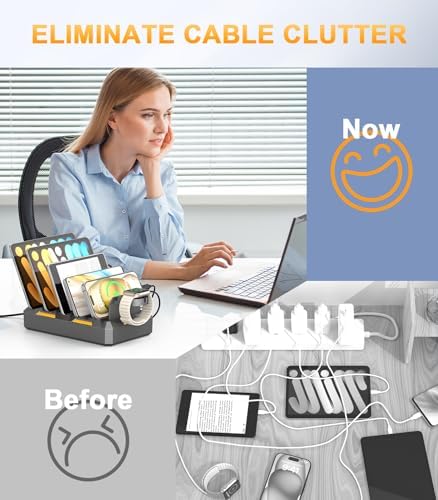 Ultimate 50 W Multi-Device Charging Hub – Sleek Space Gray USB Station with 6 Mixed Cables for i Phone, i Pad, Android, Tablets & More – Fast, Efficient & Safe Charging Solution for Home and Office