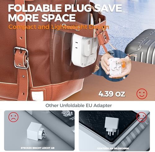 Ultimate European Travel Power Adapter: 4 AC Outlets & 3 Fast Charge USB Ports (1 USB-C PD 20 W) – Compact, Foldable Design for Effortless Connectivity in Spain, France, Germany, Italy, Portugal & Iceland – Versatile Compatibility for All Your Devices