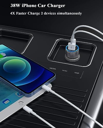 High-Performance i Phone Car Charger – Dual-Port 38 W USB-C & QC3.0 Fast Charging Adapter with 2 Lightning Cables, MFi Certified for i Phone 14, 13 Pro Max, 12, 11, X – Sleek Grey Design for Enhanced Compatibility and Efficiency on the Road