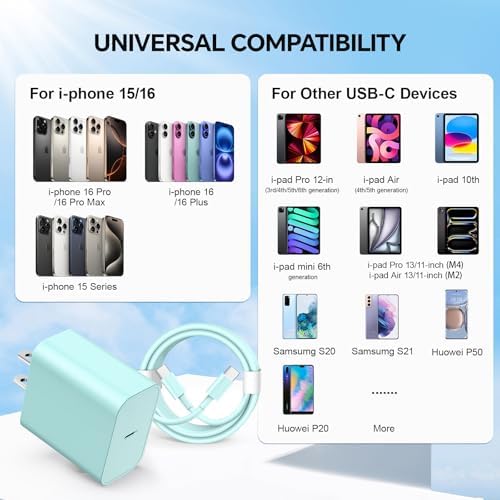 Lightning-Fast 20 W USB-C Wall Charger & 10 FT Cable for i Phone 15/16/Plus/Pro Max – Sleek Pink-Blue Power Adapter for Ultimate Charging Performance and Versatile Use
