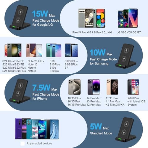 15 W Fast Wireless Charging Station for Android & i Phone – Sleek Stand with QC Adapter for Samsung S25 Ultra, Z Fold 6, i Phone 16 Pro Max – Ultimate Compatibility & Safety Features for Effortless Power-Up