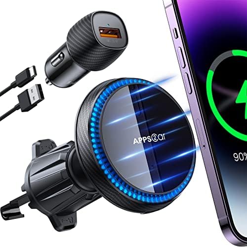 APPS2 Mag Safe-Compatible Wireless Car Charger with 15 W Fast Charging – Advanced Car Vent Mount for i Phone 16/15/14 Series with 3200 RPM Cooling Fan System for Optimal Performance and Safety