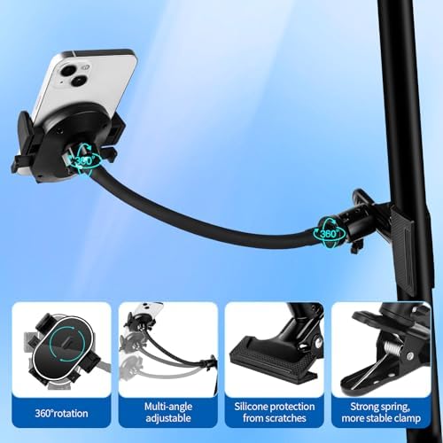 Versatile 360° Gooseneck Clip Phone Holder with Auto-Locking Clamp – Adjustable Arm Lengths for Desk, Treadmill, and Mic Stand – Securely Fits 4-7″ Smartphones for Ultimate Hands-Free Convenience and Enhanced Productivity