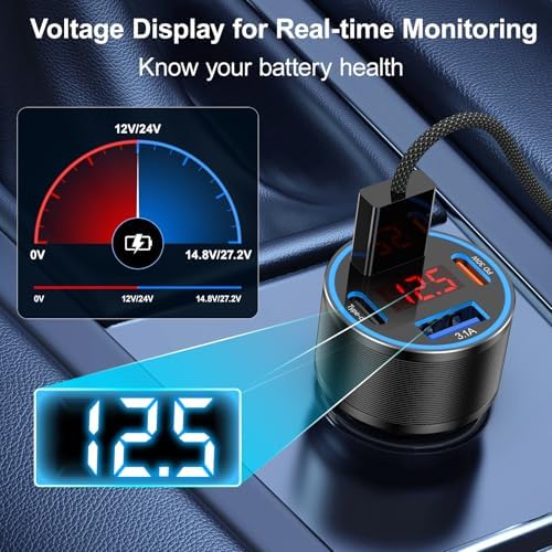 Rapid Charge 2-Pack: 65 W Multi-Port USB C Car Charger with Built-in Volt Meter for i Phone, Samsung & Android – Enhanced Fast Charging & Compatibility for On-the-Go Power Solutions