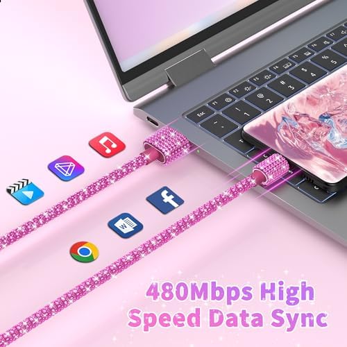 Bling Sparkling Black Diamond USB to USB C Cable – 4 FT 60 W Fast Charging Charger for i Phone 16, 15 Plus, Pro Max & Samsung Galaxy S25, S24, S23 – Stylish Braided Design for Enhanced Durability and Compatibility – Luxury Tech Accessory for High-Performance Power Delivery