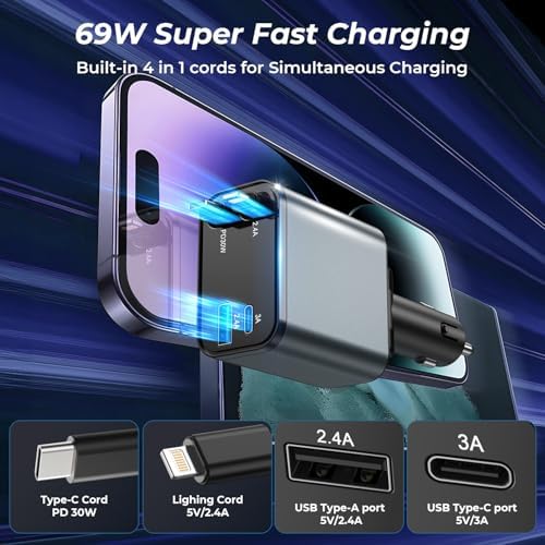 Dual-Port Retractable 4-in-1 Car Charger Set – Fast Charge i Phone and USB-C Devices with 2.6 ft Cords – Essential Gray Adapter for Men and Women – Perfect Travel Companion and Gift for Efficient Charging on the Go