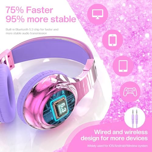 Qear Fun Kids Bluetooth 5.3 Headphones – Ultra-Lightweight Foldable Wireless Headset with Rapid Charging and Integrated Microphone for Seamless School and Travel Listening – Trendy Metallic Gradient Finish for Young Music Lovers – Perfectly Compatible with Tablets and i Pads – Superior Comfort and Sound Quality for Young Listeners