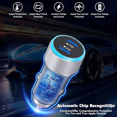 Effortless Power on the Go: 40 W Dual USB-C Fast Car Charger for i Phone with 2 Lightning Cables – Rapid Charging for i Phone 14/13/12/11 Pro Max and i Pads, Enhanced Compatibility, and Built-in Safety Features for Ultimate Device Protection