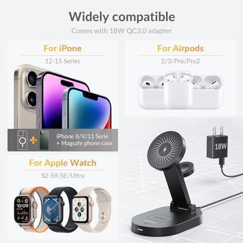 i Dsonix 3-in-1 Magnetic Wireless Charging Station for i Phone, Air Pods & Apple Watch – 18 W Fast Charger with Adjustable Stand and Status Light – Sleek White Design for i Phone 12-16 Series, Enhance Your Charging Experience with Ultimate Convenience and Style
