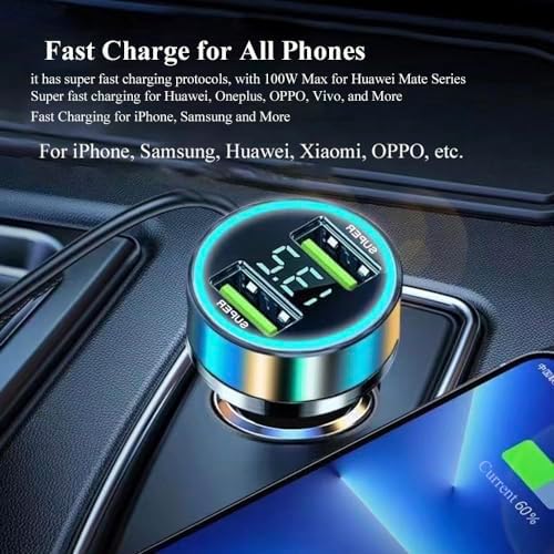 Ultra-Fast Dual Port USB Car Charger with Voltage Display – 100 W Max for Huawei, One Plus, Oppo, Vivo, Samsung & Android Devices – Essential Travel Companion for Quick Charging on the Go