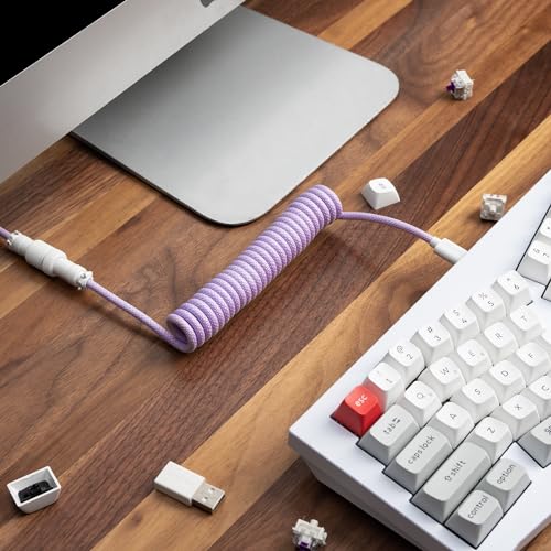 Keychron Light Pink Custom Coiled Aviator Cable – High-Performance USB-C to USB-C with Detachable Metal Connector (5-Pin GX12) for Mechanical Keyboards, Durable Braided Design with USB-A Adapter for Enhanced Charging and Data Transfer Efficiency