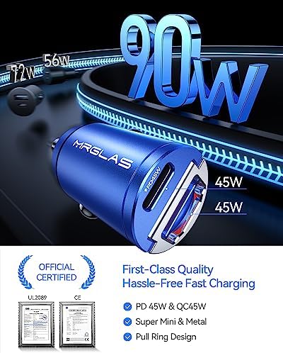 MRGLAS 90 W USB-C Car Charger: Ultra-Fast PD45 W & QC45 W Compatibility with 3.3 ft Type C Cable, Durable All-Metal Design, Flush Fit for Seamless Integration in Vehicles – Ideal for i Phone 16/15, Samsung S25/S24/S23 Ultra, Pixel 8/8 Pro/7 – Power Up on the Go!