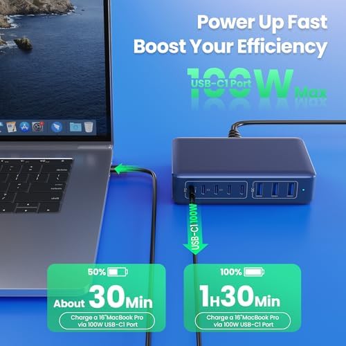 Revolutionary 300 W Ga N IV Technology USB-C Charging Hub – 8-Port Multi-Device Charger for Mac Book Pro/Air, DELL Laptops, i Phone 16/15/14 & Galaxy S25 – Sleek Navy Finish for Enhanced Home & Office Efficiency – Your Premier Solution for Rapid Device Power and Seamless Connectivity