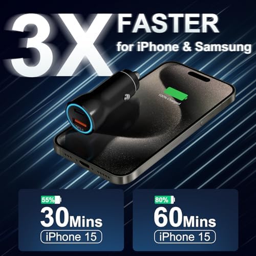 MFi Certified Apple i Phone 16 & 15 Car Charger – 43 W USB-C Fast Charging Adapter with 3.3 FT Cable for Pro, Max & Plus Models – Dual Port PD & QC 3.0 Technology for Ultimate Charging Efficiency on the Go