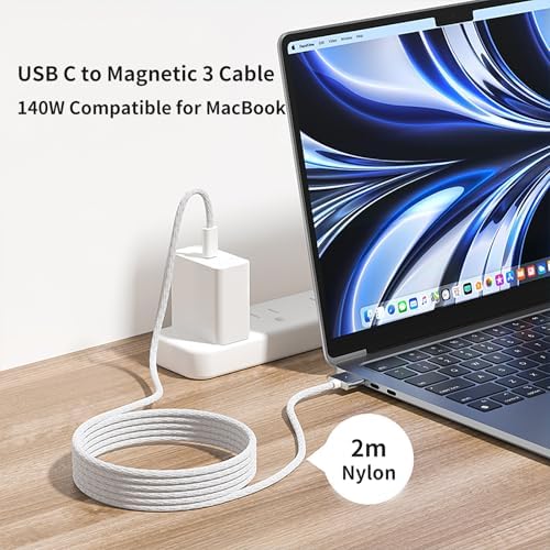 Revolutionize Your Charging with the 140 W USB-C to Magnetic 3 Cable – Ultimate High-Performance Power Delivery for Mac Book Air 2022/2023 & Pro 2023 (M2, M3) – 2 m Durable Braided Cord for Enhanced Flexibility & Robust Productivity – Seamless Universal Compatibility for Rapid Data Transfer and Fast Charging – Engineered for Daily Endurance with Innovative Magnetic Connector for Effortless Alignment and Reduced Port Wear