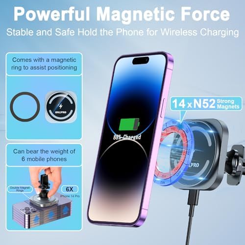 OHLPRO Mag Safe Car Mount Wireless Charger – 15 W Fast Charging Magnetic Phone Holder for i Phone 12-16 Series with Versatile Air Vent and Dashboard Installation – Enhanced Compatibility for On-the-Go Convenience and Safety