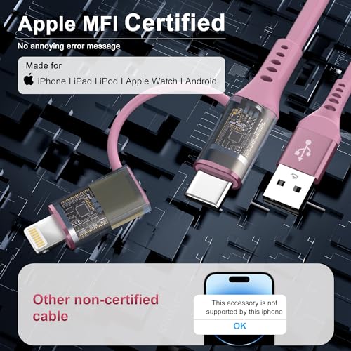 Revolutionary 2-in-1 Coiled USB to USB-C & Lightning Cable – MFi Certified for Fast Charging & Data Sync – Compatible with Apple Carplay & Android Auto – Stylish Pink Design for i Phone 16/15/14/13 & Android Devices – Tangle-Free Convenience for Modern Users