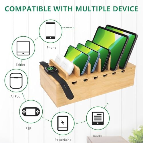 Eco-Friendly Bamboo Charging Station for Multiple Devices – 5-Port USB Docking Organizer with 6 Charge Cables for i Phones, Tablets, and Laptops – Space-Saving Design for Enhanced Efficiency and Fast Charging