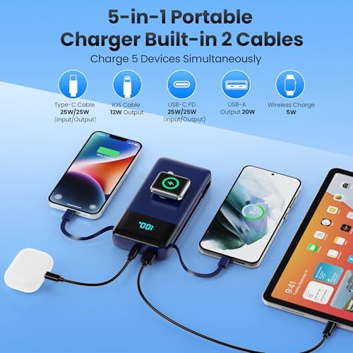 High-Capacity 40800 m Ah 5-in-1 Portable Power Bank with Fast Charging for i Phone and Apple Watch – Dual Built-in Cables, Magnetic Wireless Charger, LED Display, Ideal for Travel and Outdoor Adventures, Compatible with Android and More Devices