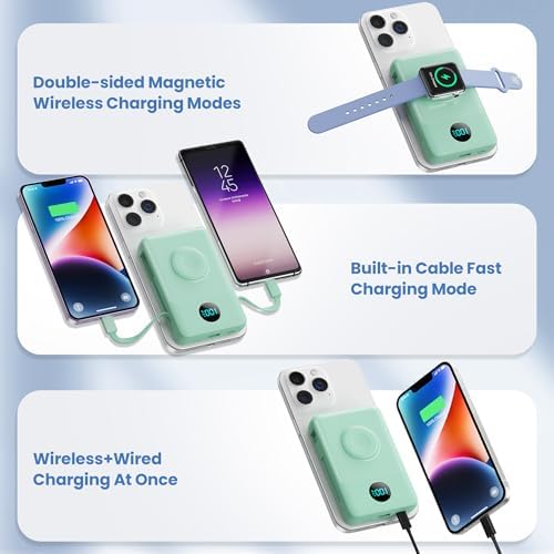 Revolutionary Magnetic Portable Charger for i Phone – 6-in-1 Power Bank with 10,800 m Ah Capacity, Built-in Cables, Apple Watch Charger, and LCD Display – 25 W PD Fast Charging for i Phone 16/15/14/13/12 and Mag Safe Compatibility – Ultimate On-the-Go Charging Solution