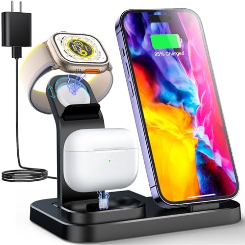 Revolutionary 3-in-1 Wireless Charging Dock for Apple Devices – Streamlined Charging Station for i Phone, Apple Watch, and Air Pods with Fast Charging 18 W Adapter in Sleek Graphite Black – Perfect for Home and Office Organization