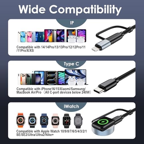 Ultimate 240 W USB-C 4-in-1 Charging Cable for Apple Watch, i Phone, i Pad, Mac Book, and Samsung Devices – High-Speed Travel Charger with Exceptional Compatibility, 5 FT Length for Efficient Multi-Device Charging – Essential Tech Accessory for Fast Power Solutions on the Go
