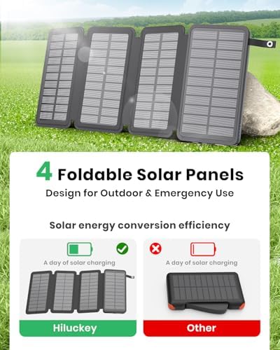 Hiluckey 25000 m Ah Solar Power Bank – Ultimate Outdoor USB C Portable Charger with 4 Efficient Solar Panels, 3 A Fast Charging, and Triple USB Outputs – Eco-Friendly Energy Solution for Smartphones and Tablets (Red)