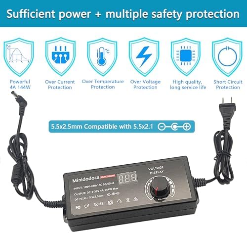 Universal 72 W Adjustable AC/DC Power Supply with LED Voltage Display – Minidodoca 3 V-24 V Adapter for Efficient Household Electronics Charging – 3000 m A Output with 16 Interchangeable Tips for Maximum Compatibility and Convenience