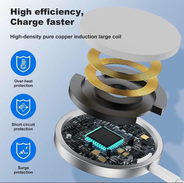 Magnetic Fast Wireless i Phone Mag Safe Charger for Series 12-15 & Air Pods 2/3/Pro – 15 W Quick Charge Pad with Strong Magnetic Hold, Enhanced Safety Features, and Sleek Design for Effortless Charging on the Go