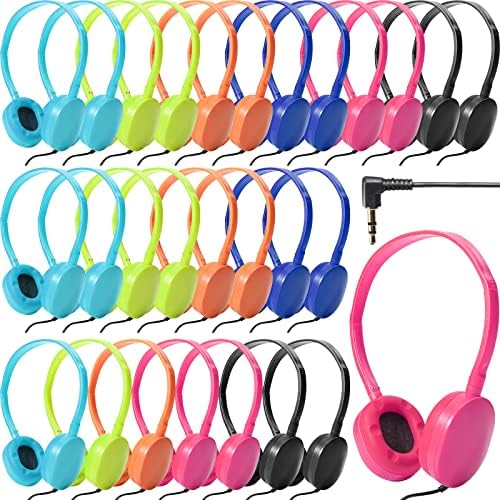 Flutesan 30 Pack Kids Adjustable Wired Headphones – Premium On-Ear Stereo Sound Earbuds for Classroom and Travel – Lightweight, Durable Design for Boys and Girls – Ideal Tangle-Free Audio Solution for Laptops, Tablets, and More