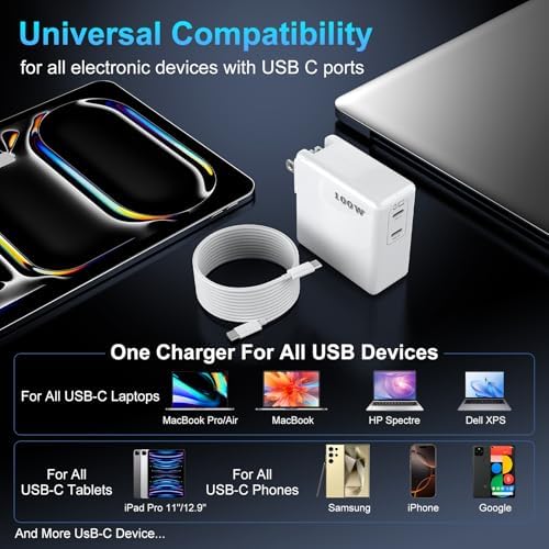 Ultra-Fast 100 W Dual-Port USB-C Charger for Mac Book Pro/Air & USB-C Devices – Includes 10 FT C to C Cable for Maximum Convenience – Unmatched Compatibility with i Phone & Samsung Galaxy – Optimal Safety with Advanced Protection Features – Perfect for M1/M2/M3 Chip Performance – 18-Month Hassle-Free Warranty for Peace of Mind