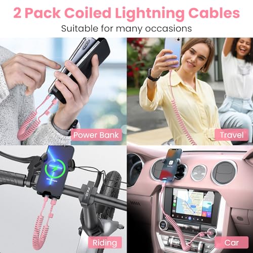Stylish 3 FT Pink Coiled i Phone Charger 2-Pack – MFi Certified USB to Lightning Cable for Apple Car Play – Fast Charging, Tangle-Free, Trendy Design for Home & On-the-Go Power Solutions