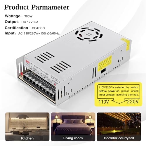 Efficient 12 V 30 A Switching Power Supply – Reliable AC/DC Converter for LED Strips, CCTV Cameras, 3 D Printers & Industrial Equipment – Compact Design with Overload Protection for Optimal Performance and Versatile Applications
