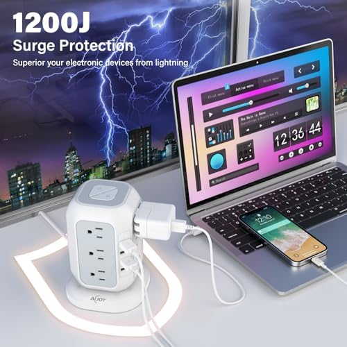 Ultimate Power Strip Tower with USB Ports – Ai Joy 12 AC Outlet Surge Protector and 4 USB Charging Station with 10 Ft Extension Cord, Overload Protection for Home, Office, and Dorm Use – Space-Saving Design for Enhanced Device Compatibility and Fast Charging