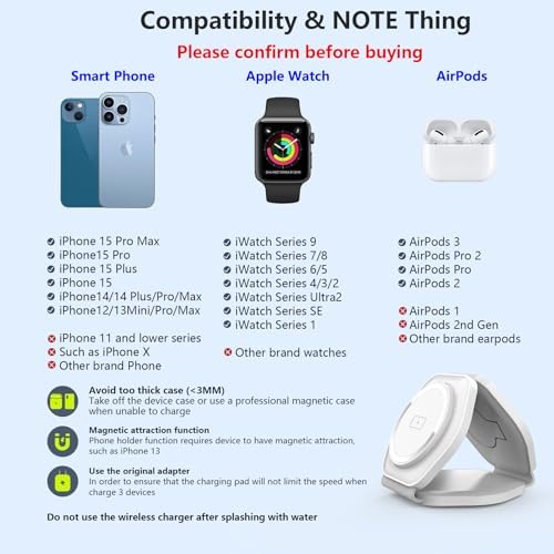 Portable 3-in-1 Magnetic Wireless Charging Station for Apple Devices – Fast, Foldable Charger for i Phone 15/14/13/12 & Apple Watch Ultra/SE/9/8/7/6/5/4/3/2 – Sleek White Design for Travel Convenience and Enhanced Performance