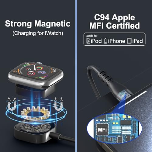 Ultimate 100 W Multi-Device Fast Charging Cable: 4-in-2 USB-C/A Retractable Charger for Apple Watch, i Phone, Mac Book & Galaxy – MFi Certified Travel Essential with Magnetic Connection and Adjustable Length for Efficient Simultaneous Charging of Up to 4 Devices. Experience rapid charging with advanced 6 A PD technology, powering your i Phone 15 Pro to 92% in just 35 minutes and fully charging Mac Book Pro in 1.9 hours. Designed for convenience, this versatile cable extends from 1 ft to 4 ft, making it perfect for any environment, from your office to your car. The magnetic Apple Watch charger ensures secure connections, while built-in safety features protect your devices from over-current and overheating. Compatible with a wide range of devices including all Apple Watch series and various smartphones, this compact and durable cable is the ultimate travel companion. Enjoy peace of mind with a 12-month warranty and dedicated customer support, ensuring 100% satisfaction.